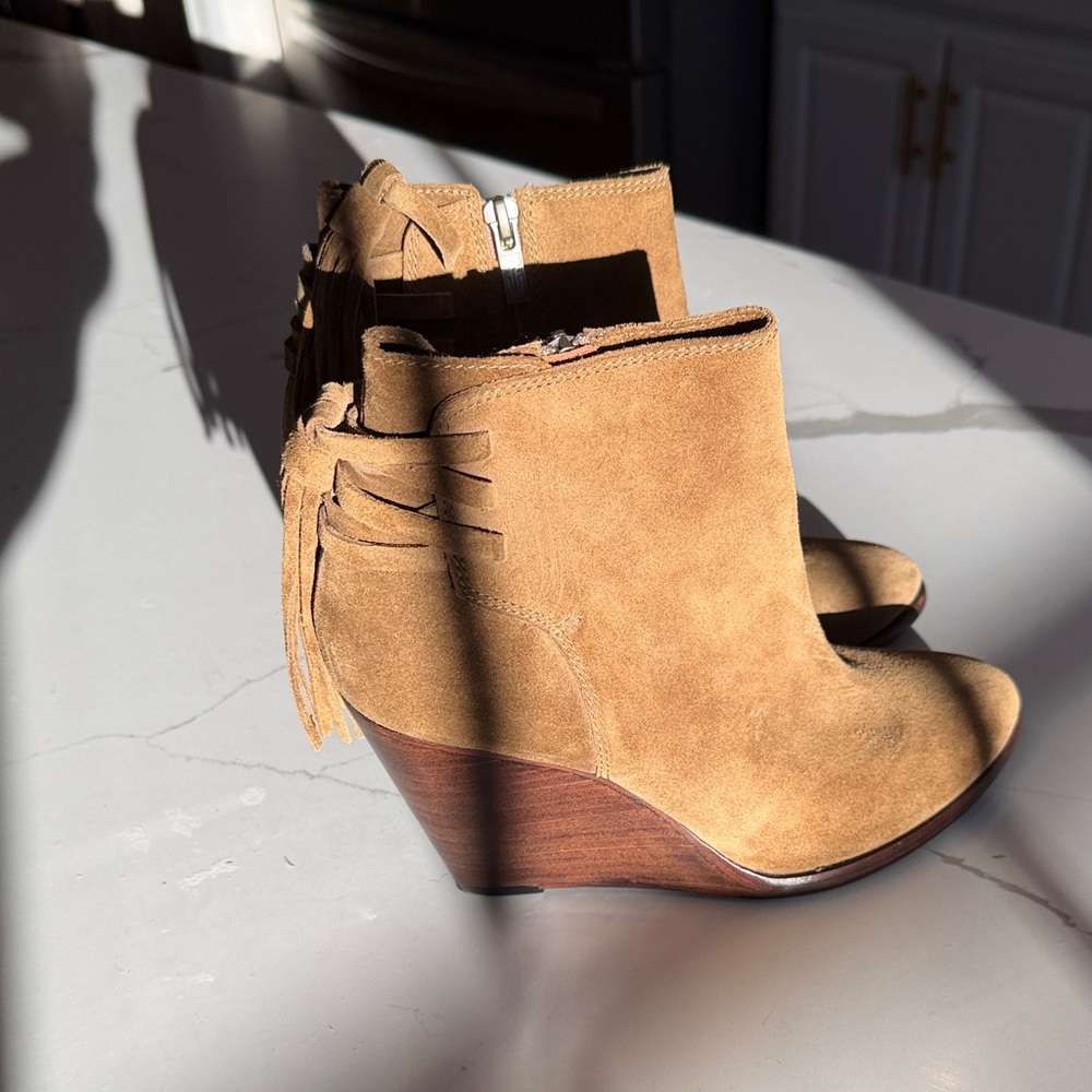 Frye Tan Suede Wedge Ankle Boots